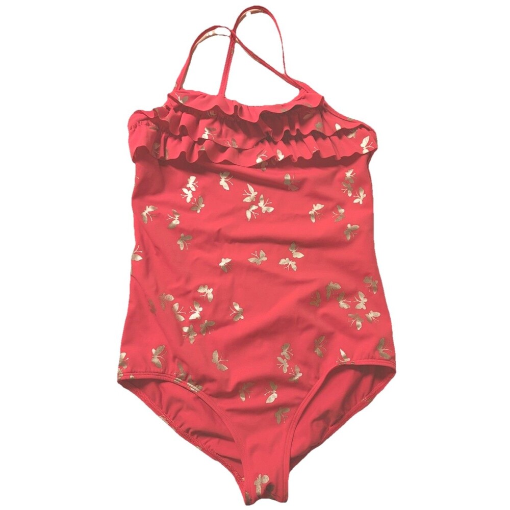 Lands' End Girls One Piece Swimsuit Size 14 Coral w/Silver Butterflies X-Back
